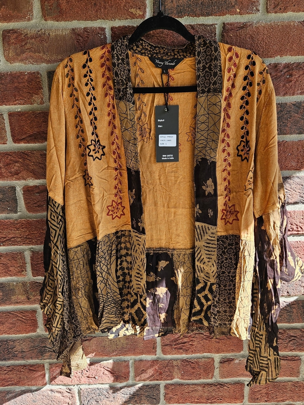 Young Threads Patchwork Embroidered Open Front Kimono Cardigan Brown & Black L N